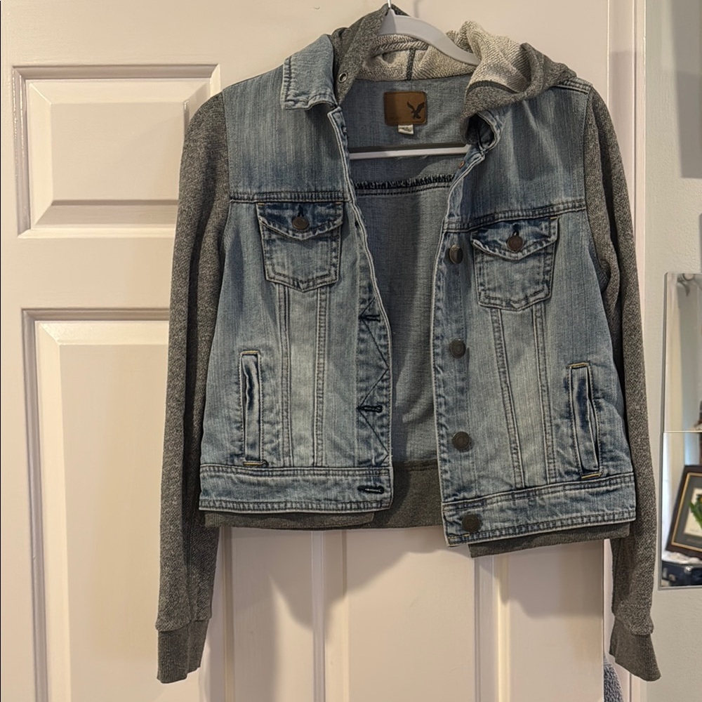 Denim and Gray Hooded Jacket